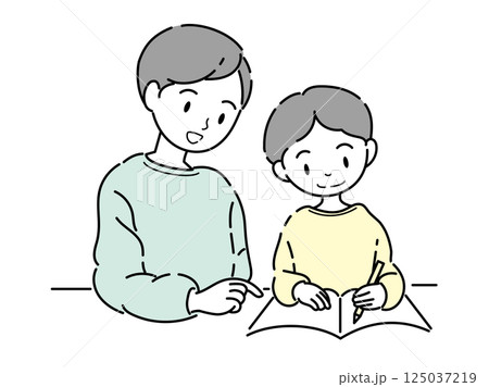 勉強を教えるお父さんと男の子のイラスト 125037219