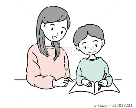 勉強を教えるお母さんと男の子のイラスト 125037221