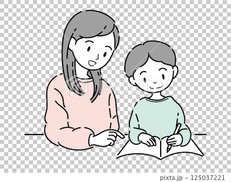 勉強を教えるお母さんと男の子のイラスト 125037221