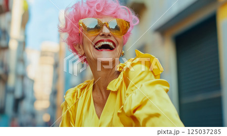 Stylish Elderly Woman Embracing Bold Fashion in the City 125037285