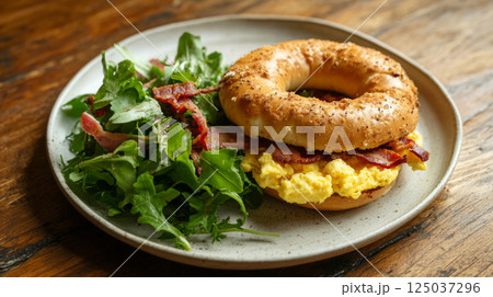 Delicious Bacon and Scrambled Egg Bagel with Fresh Green Salad 125037296