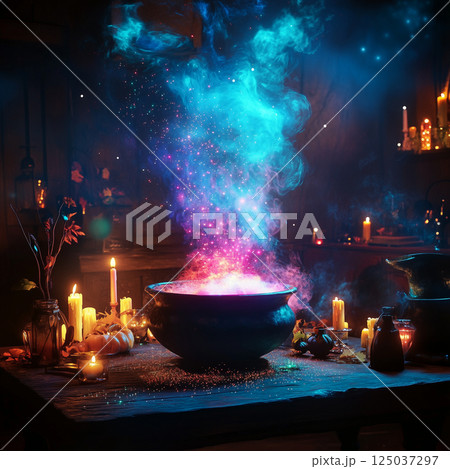 Witches Table with Bubbling Cauldron and Magical Objects for Halloween 125037297