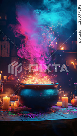 Witches Table with Bubbling Cauldron and Magical Objects in Dark Room 125037298
