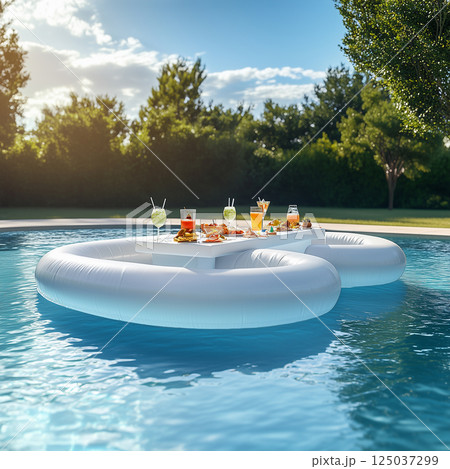 Luxurious Inflatable Pool Bar with Vibrant Cocktails in a Sunlit Backyard 125037299