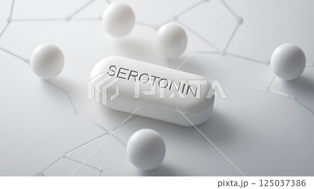 Serotonin Pill on Molecular Background in White Tones 125037386