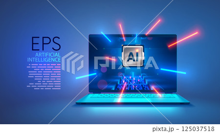AI chip of laptop. CPU or chip electronic of laptop on screen. AI Processor of notebook. Engineering, develop electronic AI chip. Computer hardware technology. Laptop with artificial intelligence chip 125037518