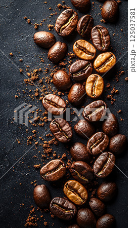Roasted coffee beans scattered with ground coffee on a dark, textured surface. Roasted coffee beans scattered with ground coffee on a dark, textured surface. 125037581