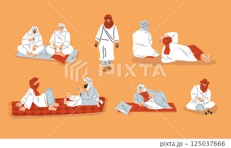 Camping in Hot Desert with Sand Landscape with Tourist and Arab Bedouin Vector Illustration Camping in Hot Desert with Sand Landscape with Tourist and Arab Bedouin Vector Illustration 125037666