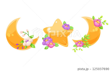 Celestial Body with Flower Adornment as Sky Object Vector Set Celestial Body with Flower Adornment as Sky Object Vector Set 125037690