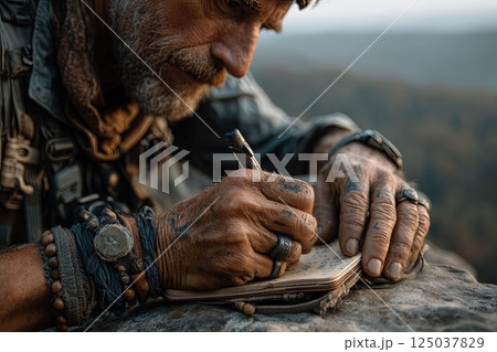 Cropped photo of a man takes notes in a paper notebook while hiking. The man immerses himself in nature, capturing ideas in his paper notebook while soaking in the tranquility of the trail. 125037829