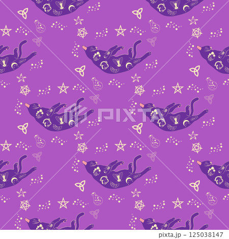 Mystical seamless pattern of cats in boho style, silhouette collection. Witchcraft and magic 125038147