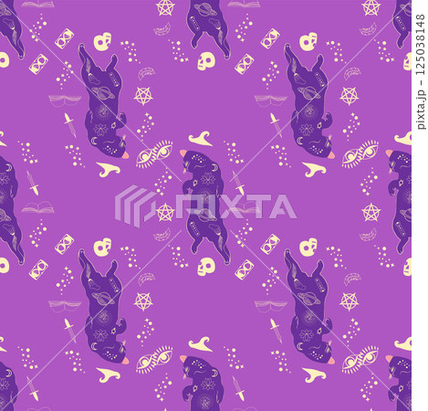 Mystical seamless pattern of cats in boho style, silhouette collection. Witchcraft and magic 125038148