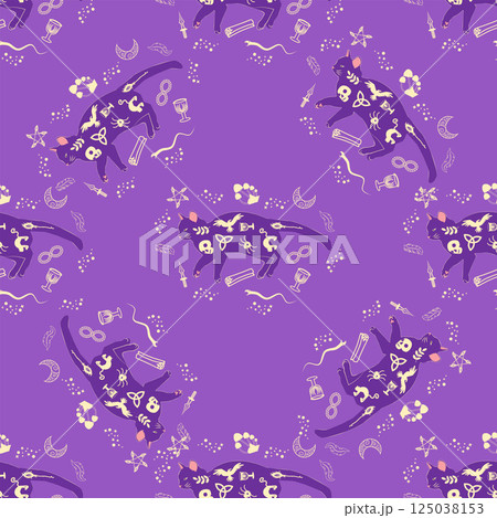 Mystical seamless pattern of cats in boho style, silhouette collection. Witchcraft and magic Mystical seamless pattern of cats in boho style, silhouette collection. Witchcraft and magic 125038153