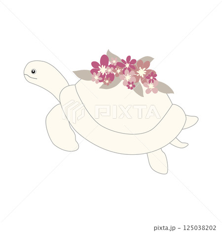 Underwater inhabitants in boho style. Vector illustration animals with flowers. Whale, dolphin, jellyfish, seahorse, turtle, shark, octopus, crab, snail, stingray, fish 125038202