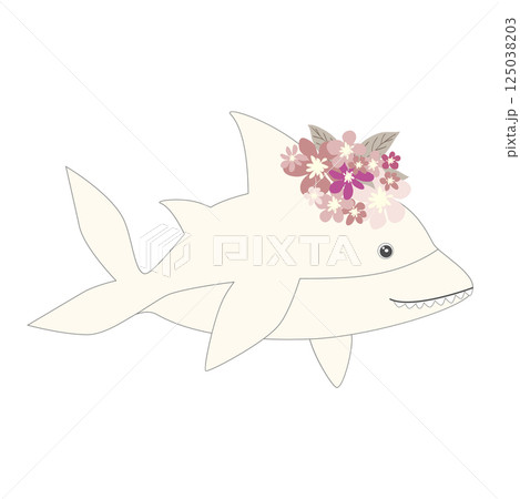Underwater inhabitants in boho style. Vector illustration animals with flowers. Whale, dolphin, jellyfish, seahorse, turtle, shark, octopus, crab, snail, stingray, fish 125038203