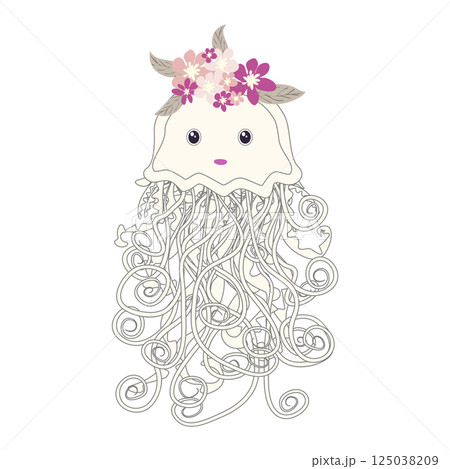 Underwater inhabitants in boho style. Vector illustration animals with flowers. Whale, dolphin, jellyfish, seahorse, turtle, shark, octopus, crab, snail, stingray, fish 125038209