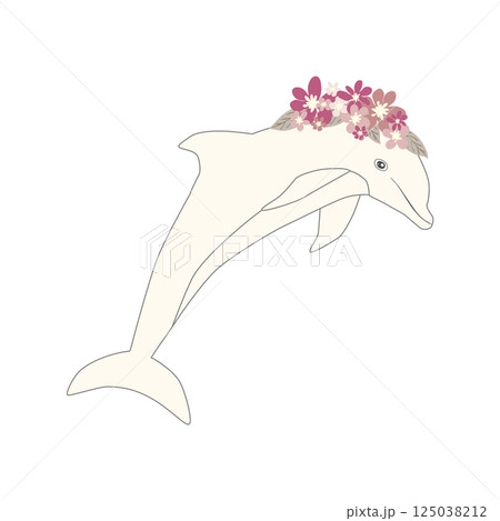 Underwater inhabitants in boho style. Vector illustration animals with flowers. Whale, dolphin, jellyfish, seahorse, turtle, shark, octopus, crab, snail, stingray, fish 125038212