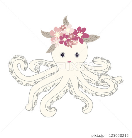 Underwater inhabitants in boho style. Vector illustration animals with flowers. Whale, dolphin, jellyfish, seahorse, turtle, shark, octopus, crab, snail, stingray, fish 125038213