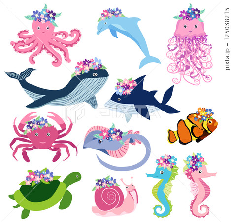 Underwater inhabitants in boho style. Vector illustration animals with flowers. Whale, dolphin, jellyfish, seahorse, turtle, shark, octopus, crab, snail, stingray, fish 125038215