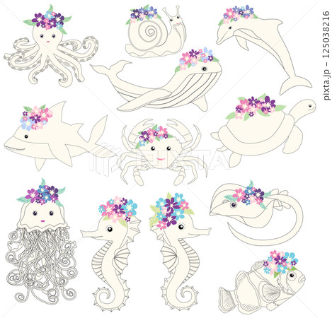 Underwater inhabitants in boho style. Vector illustration animals with flowers. Whale, dolphin, jellyfish, seahorse, turtle, shark, octopus, crab, snail, stingray, fish 125038216
