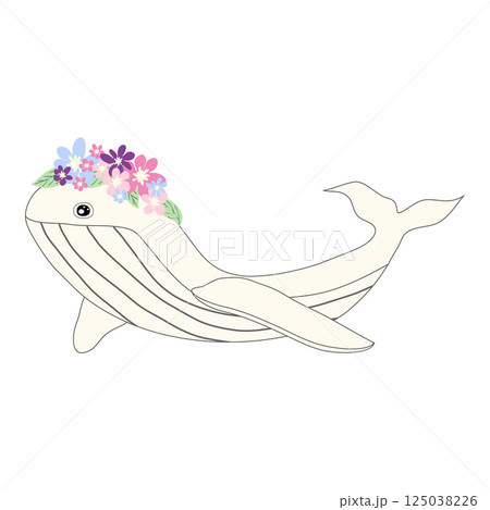 Underwater inhabitants in boho style. Vector illustration animals with flowers. Whale, dolphin, jellyfish, seahorse, turtle, shark, octopus, crab, snail, stingray, fish 125038226