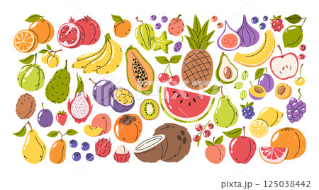 Hand drawn fruits set with variety of natural organic traditional and exotic vegetarian food Hand drawn fruits set with variety of natural organic traditional and exotic vegetarian food 125038442