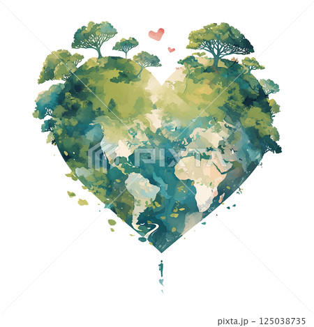 Heart-shaped world illustration showcasing lush greenery and love for nature with trees and hearts in a serene landscape setting 125038735
