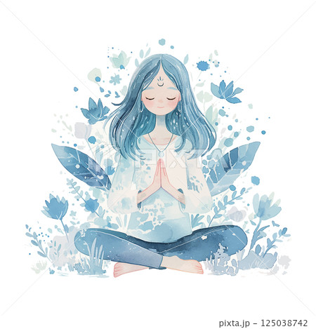 Meditation practice in a serene botanical setting with calming colors for relaxation and mindfulness 125038742