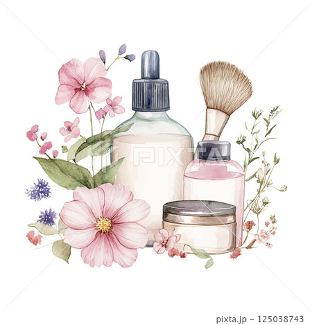 Delicate arrangement of beauty products surrounded by pink and purple flowers in a serene setting 125038743
