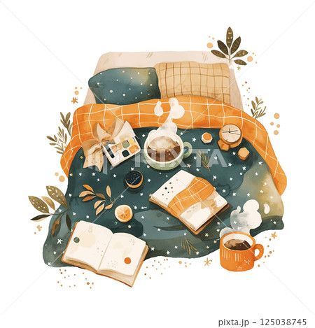 Cozy bed setup with warm drinks, books, and decorative elements in a serene environment 125038745