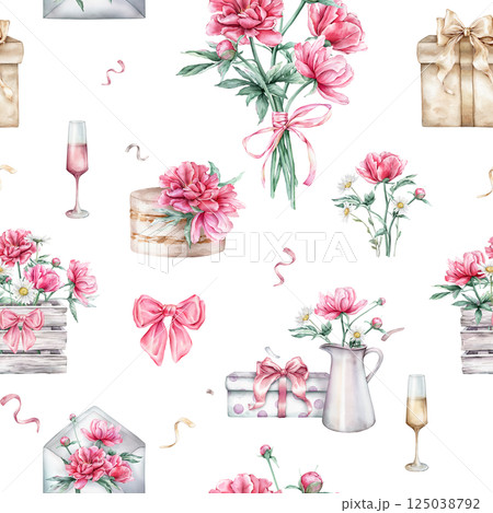 Seamless pattern with watercolor illustrations holiday set of pink peony, gifts, wine glass, cake. Open grey vintage envelope and box made of white gray with pink flowers, bow. Hand drawn illustration 125038792