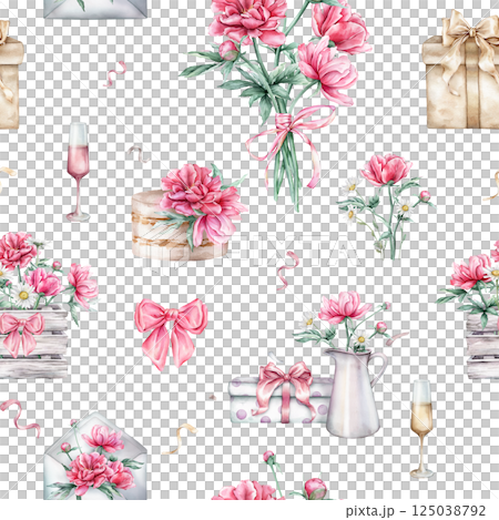 Seamless pattern with watercolor illustrations holiday set of pink peony, gifts, wine glass, cake. Open grey vintage envelope and box made of white gray with pink flowers, bow. Hand drawn illustration 125038792