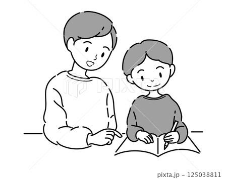勉強を教えるお父さんと男の子のイラスト 125038811