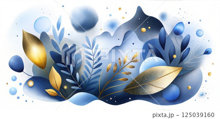 A mesmerizing blend of blue and gold hues with abstract leaves and fluid shapes creating a harmonious and elegant composition 125039160
