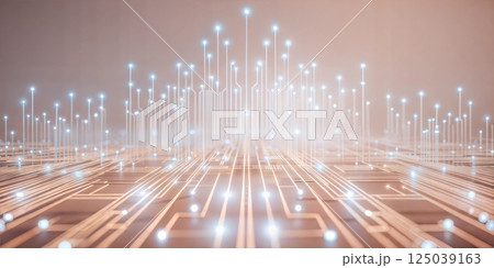 A futuristic circuit board with glowing white lines and nodes creating a high-tech digital network visual 125039163