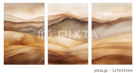 An elegant triptych featuring abstract waves in soft beige and brown hues creating a harmonious and relaxing visual experience 125039164