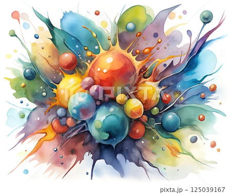 Vibrant watercolor burst with colorful spheres and dynamic splashes, radiating creativity and joy 125039167
