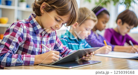 Children focused on their tablets and notebooks in a bright classroom setting fostering an environment of active learning and engagement 125039168