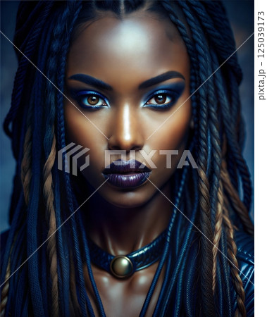 A striking portrait of a woman with bold makeup, intricate braids, and a fierce expression exuding confidence and strength 125039173