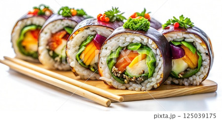 A beautifully arranged sushi platter featuring a variety of colorful rolls and garnishes on a wooden serving board 125039175