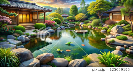 A beautiful Japanese garden featuring a calm pond, vibrant flowers, and traditional wooden structures set amidst verdant foliage 125039196
