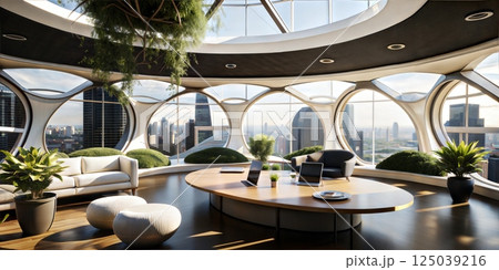 A futuristic and innovative office space with curved glass walls, ergonomic furniture, and integrated technology providing a productive and inspiring environment 125039216