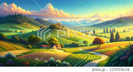 Idyllic countryside scene with rolling hills lush green fields and quaint houses under a bright blue sky 125039226