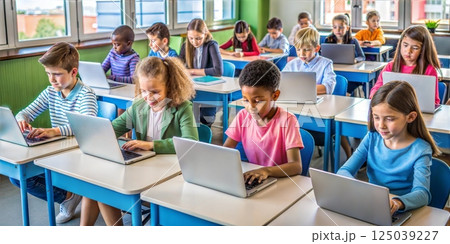 Children focused on their laptops in a quiet classroom promoting individual learning and concentration 125039227