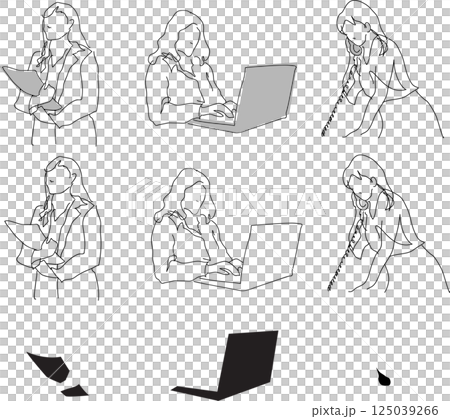 Simple line drawing of a woman working in an office, hand-drawn business scene illustration, transparent background material set 125039266