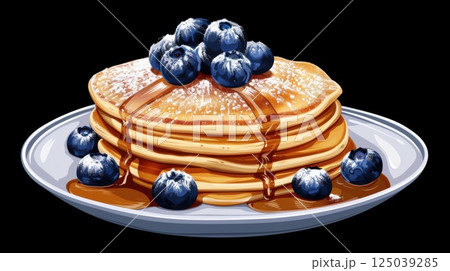 Stack of Homemade Pancakes with Fresh Blueberries and Powdered Sugar, Delicious Breakfast or Brunch 125039285