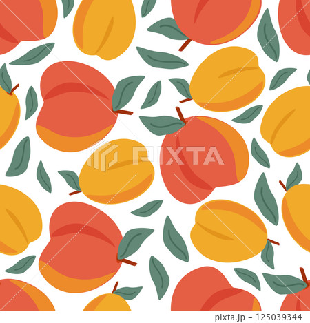 Seamless pattern ripe fruits apricots and peaches with leaves Seamless pattern ripe fruits apricots and peaches with leaves 125039344