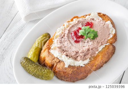 Gourmet sandwich layered with pate, cranberry jam, and cream cheese Gourmet sandwich layered with pate, cranberry jam, and cream cheese 125039396