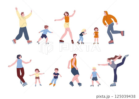 People roller skating. Seasonal outdoor hobby activity and sport training. Adults children on rollers in different poses. Cartoon flat kicky vector characters 125039438