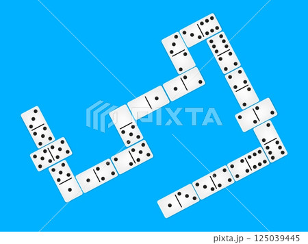 Domino game tiles. Playing domino, bones tile with numbers top view. Board game for two, gaming process step by step. Hobby neoteric vector background Domino game tiles. Playing domino, bones tile with numbers top view. Board game for two, gaming process step by step. Hobby neoteric vector background 125039445